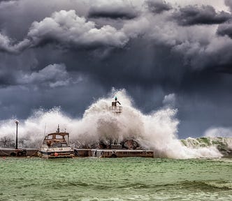 Big waves under a stormy looking sky