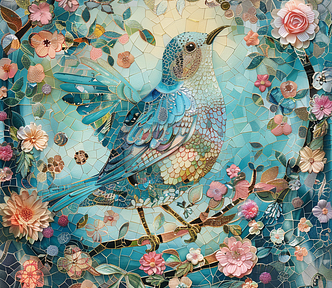 Mosiac art, a bird and flowers around, dreamy fantasy, breathtaking, pastel color of light cyan, pink and amber