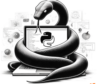 Black and white pencil sketch of a Python snake wrapped around a computer displaying code, with subtle dark web elements and the Tor logo.
