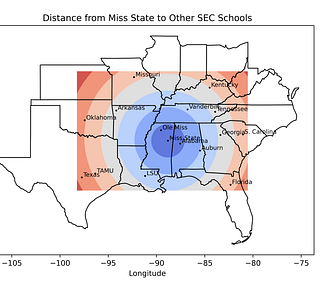 A colorful map of distances from Mississippi State University in Starkville, MS.