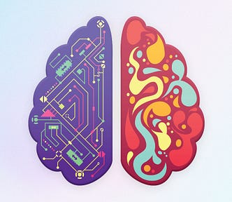 An abstract image of two sides of a brain. One side looks like it is a machine part, the other looks more creative and free.