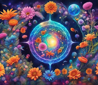 Image shows a circle in the middle with flowers inside, and around the cirle on the outside there are flowers too. The image has a cosmic feel to it.