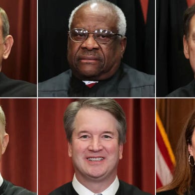 Top left to right: Chief Justice Roberts, Justice Thomas, Justice Alito. Bottom left to right: Justice Gorsuch, Justice Kavanaugh, Justice Barrett. “Supreme Court justices are showing their willingness to boost conservative causes”, CNN, screenshot by Catherine La Grange.