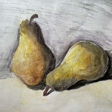 A watercolor painting of two pears, showcasing their shapes and subtle color variations against a softly shaded background.