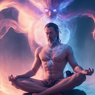 AI-generated full-body shot of a man meditating as a wispy evil spirit subtly rises behind him in the background