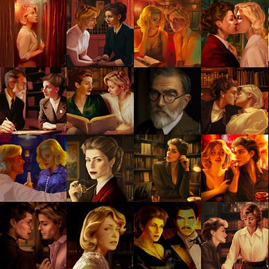 Collage of 24 digital paintings of characters used as covers for the serial novel Secrets of the Velvet Trap.