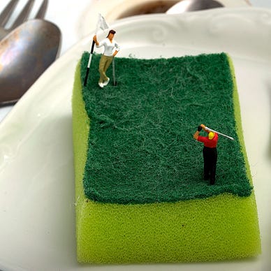 A plate flanked by flatware holds a green-topped scrubbing sponge in place of food. Atop the green is a miniature couple playing golf. This parody of The Masochism Tango is a mashup with NATO’s phonetic alphabet, featuring Golf and the Alpha Bravo Tango.