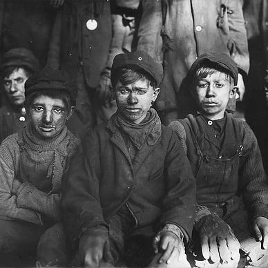 “Group of breaker boys — those who separated coal from impurities by hand” by Hine, Lewis on RawPixel