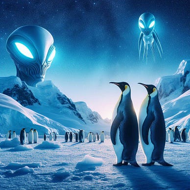 The penguins, Percival and Jethro, are confronted by the image of the Alien. It shows itself simply as a head and is able to communicate with them using mental telepathy. Not just words, but sounds and images as well. It relates that it has adopted the name Condo, short for Condere, after an Irish warrior and storyteller of legend. The penguins are standing outside the cavern on the ice and there are other penguins to be seen. But Condo speaks only to Percival and Jethro.