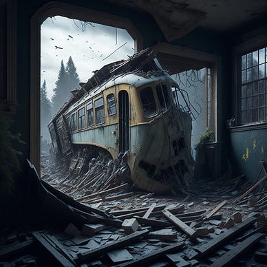 accident site of the front of a train that has crashed into a house, view from inside, rubble and split wood cover the floor, somber mood, dark pines and crows in the background