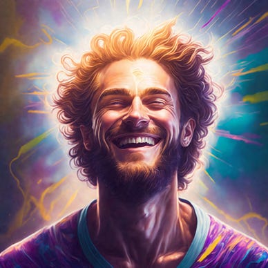 Face shot of a handsome young bearded man radiating multi-color energy and glow from his forehead