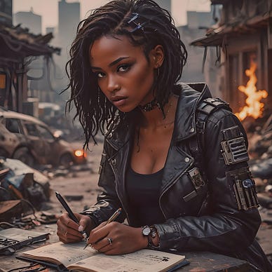 Pretty woman drawing in her scrapbook. She’s in an apocalyptic setting. Behind her, everything is in a state of ruin and collapse. A building is on fire close by. Rubble is everywhere. The husks of abandoned cars rust in the distance.