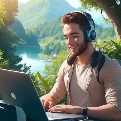 A young red-haired man working on his laptop amidst beautiful nature and sunshine
