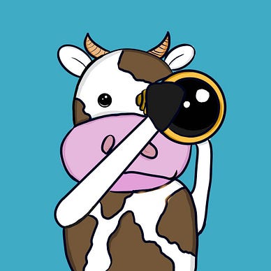 The image shows an adorable hand drawn cow looking though a telescope right at the reader. The cow is white with brown spots and the background is a cool teal.