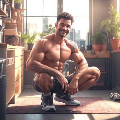 An AI-generated image of a muscular young man squatting in a sunlit kitchen