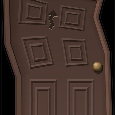 A wonky, topsy-turvey brown door.