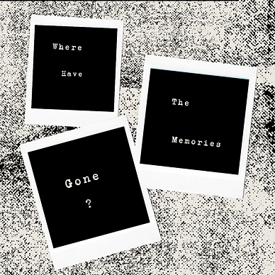 The background is made of black and white specks. There are three blackened polaroid pictures. Spread apart the polaroid pictures are the words “Where Have the Memories Gone?” in white text.