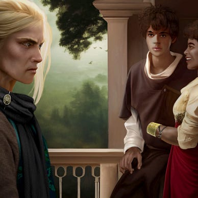 Fantasy painting of a woman warrior with blonde hair, angry and looking at a teenage boy who is staring back. His mother is standing with him, happy about the forest she see off the balcony.