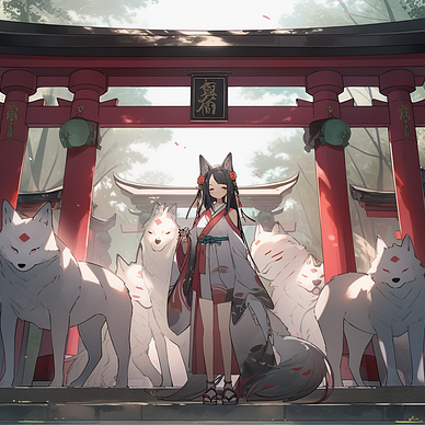 A girl with a white wolf in front of a magical torri shrine, created with Midjourney Niji v5
