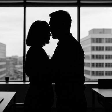 Image shows the silhouettes of a man and a woman hugging in an office setting.
