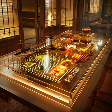 a futuristic table in a japanese restaurant, glass top, interface showing introduction of the fresh ingredients, cinematic 3D render, realistic, high tech
