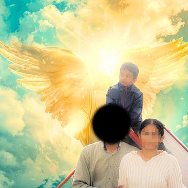 Childhood photo of the author sitting atop his parents as a shining golden guardian angel shines upon him