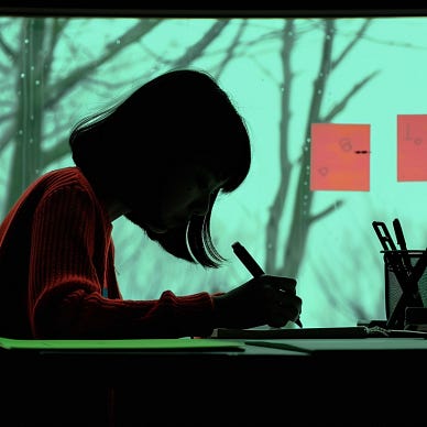 A silhouette of a person writing at a desk, framed by a large window with trees visible outside and sticky notes on the glass, symbolizing the introspective process of storytelling and creative expression.