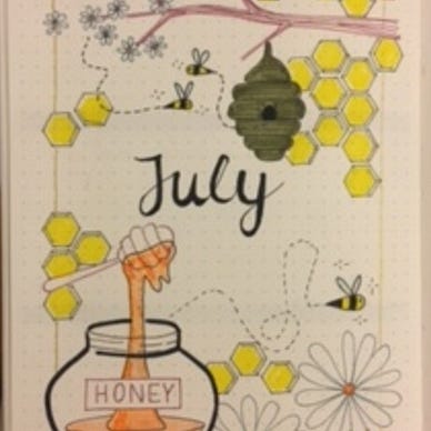 Flying bees, beehive hanging from a branch, jar of honey & wooden honey drizzler, daisies, blossoms & honeycomb — July flyleaf