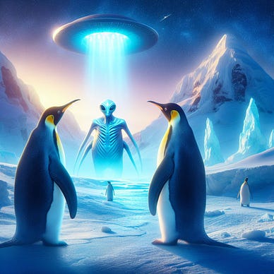 Image of two penguins talking with an alien creature, outside the cavern. The spaceship is still hovering above them. They have stopped glowing because they are not exposed to the radioactivity inside the cave at present. There is no sign of their submarine.