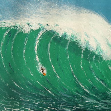 Painting of surfer surfing the middle of a giant blue-green wave.