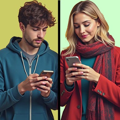 Man and woman in separated windows, texting each other
