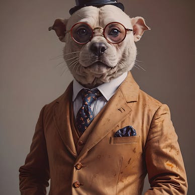 An aristocratic picture of a dog wearing a suit and top hat, complete with fancy round eye glasses.