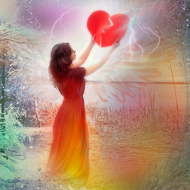 A girl in a red dress is reaching out to heal a broken red heart.