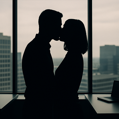 Image shows the silhouettes of a man and a woman kissing in an office.