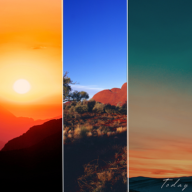 Three images sliced together. The first is of an orange and red sunset among mountains. The second is during the day in a desert with a red mountain. The third is desert sand during a yellow, orange, and blue sunset. The word “Today” is in the bottom right corner. It is white text.