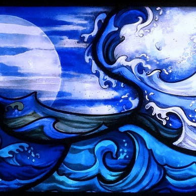 Horizontal panel of stained glass depicting waves in various shafes of blue with crisp, black outlines.