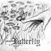 A pencil drawing of a hand in front of a field of dailies, a butterfly is landing on the hand. The word Butterfly in calligraphy lettering as the caption