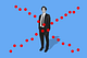 A full-length black-and-white pic of Alex Berenson, in a suit and tie, on a solid blue background. Red dots have been overlaid to create a large X centered on his stomach.
