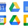 Screenshot showing Google icons for their most popular apps, which they changed form the ones in the top row to the ones in the bottom. Apps for Gmail, Calendar, Drive, Docs and Meet.