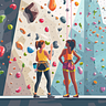 An illustration of two women standing in front of a climbing wall, having a discussion about the climb they are about to do.