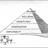 Drawing of a pyramid in the desert, with a software developer sitting at a workstation facing the pyramid. The pyramid has five layers labeled from bottom to the top, as follows: Employability, Compensation, Growth Path, Well-Being, and Meaning.