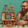 A man with tattoo, beard and glasses, smiling at many mini robots around him. AI image created on MidJourney by Henrique Centieiro and Bee Lee.