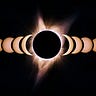 A string of images showing the phases of a total eclipse with a yellow sun slowly being block, becoming completely blocked in the middle, and then being unblocked.
