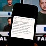 A phone with a tweet on it describing a deepfake video of the Ukrainian president, with a labeled fake image in the background