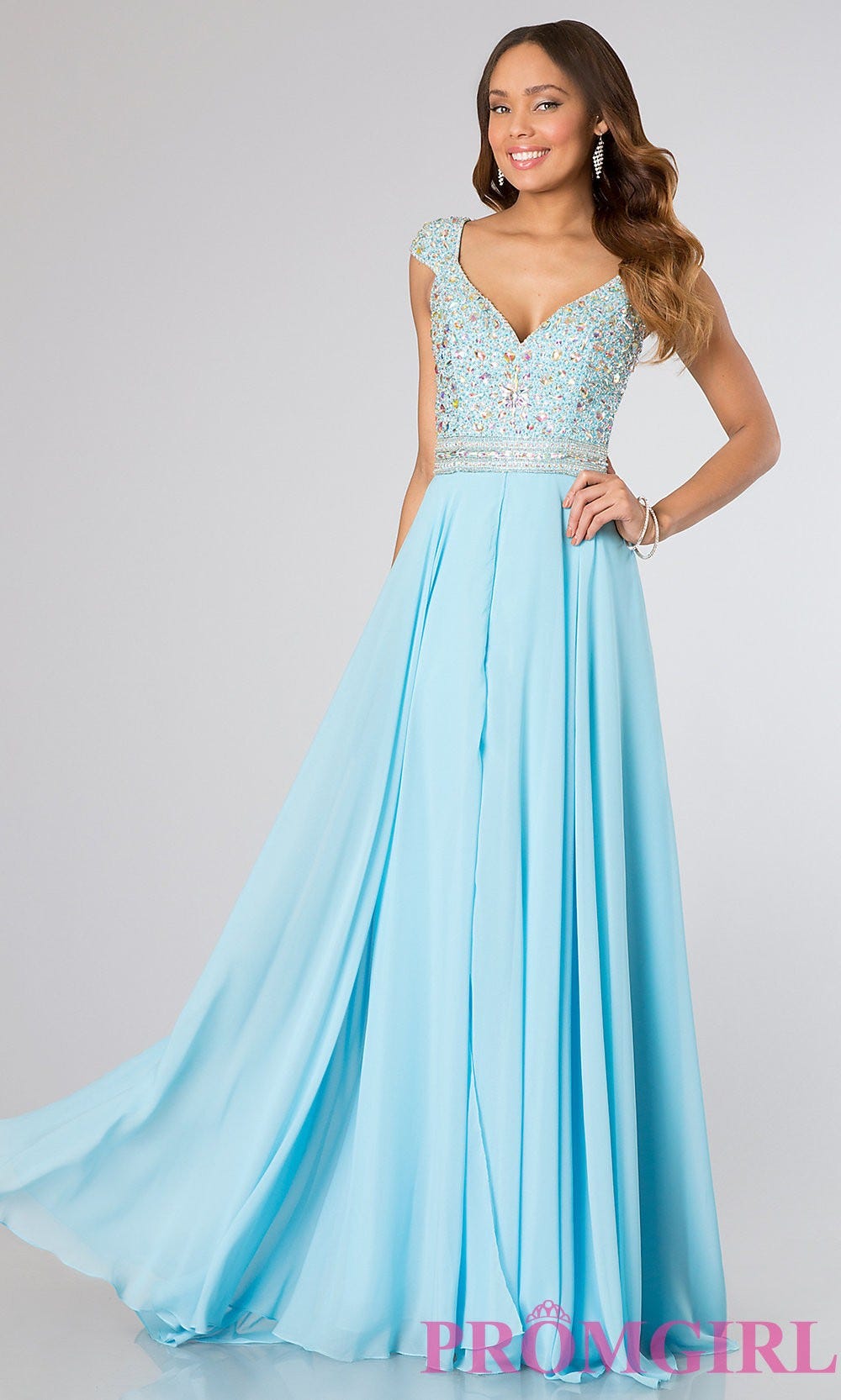 Cap Sleeve V-Neck Gown with Wrapped Surplice Bodice Peach