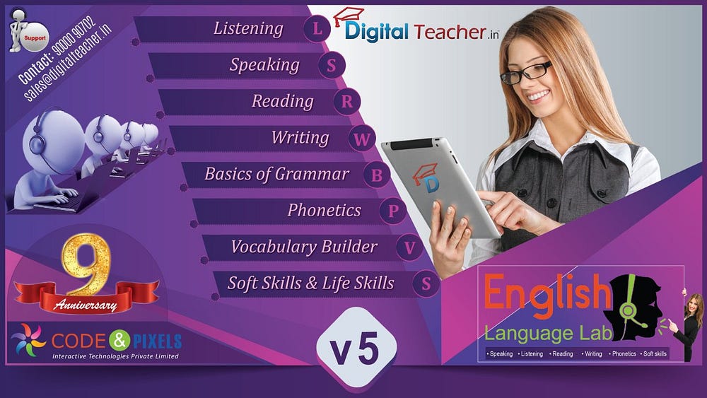 Digital Teacher English Language Lab promotional banner featuring various language skills such as listening, speaking, reading, writing, grammar, phonetics, and vocabulary building.