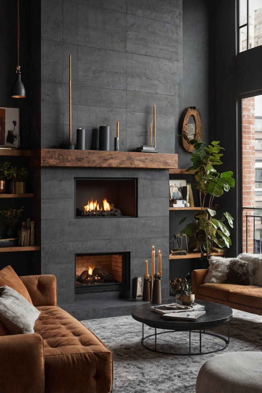 Beautiful view of Modern Elegant Industrial Apartment Fireplace
