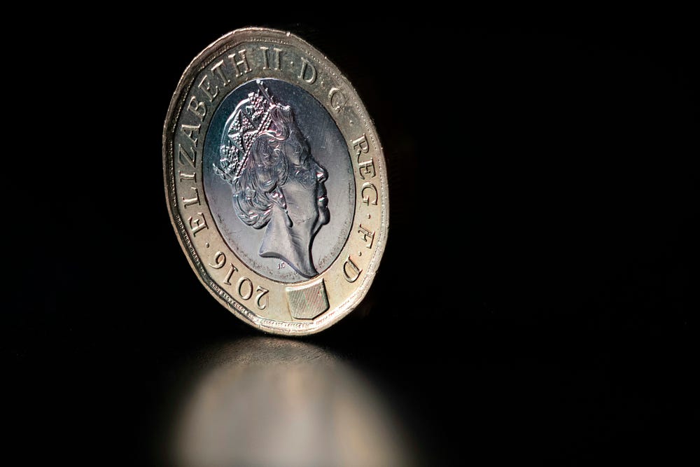 A British coin standing on its rim
