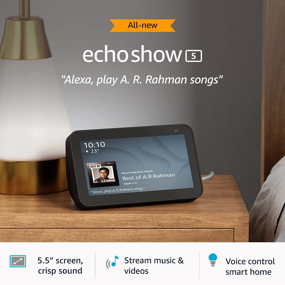 All new Echo Show 5 (2nd Gen, 2021 release) — Smart speaker with 5.5  screen, crisp sound and Alexa (Black)., by SR