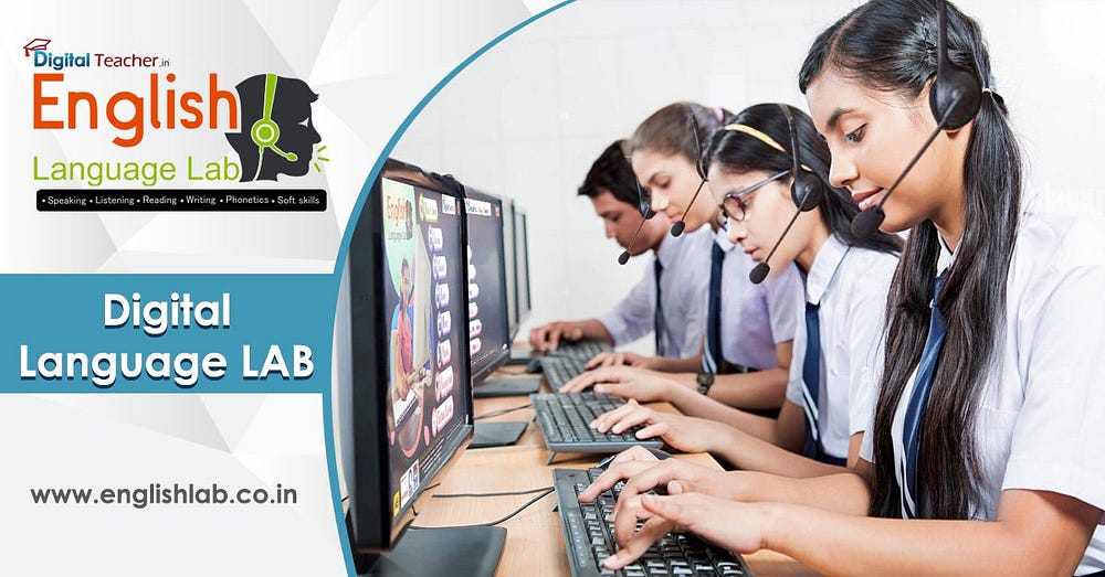 Promotional image for a “Digital Language LAB” featuring a logo for “Digital Teacher in English Language Lab.” Four students in uniforms and headsets are engaged with desktop computers, practicing language skills.